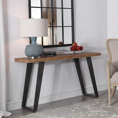 Freddy Weathered Console Table by Uttermost. Made from mdf 35%, fir 25%, metal 40% in a transitional style.
