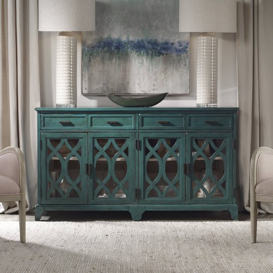 Oksana Wooden Credenza by Uttermost. Made from rubber wood with mdf carb phase 2, tempered glass in a cottage & farmhouse style.