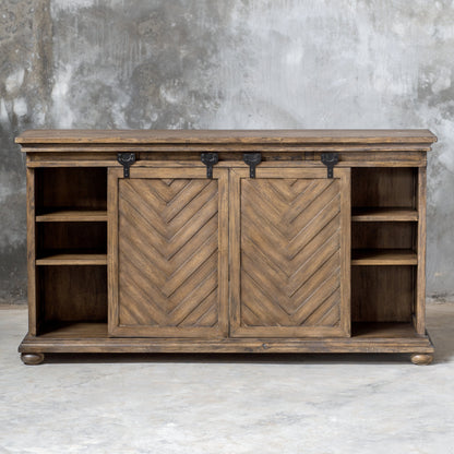 Primalia Barn Door Media Console by Uttermost. Made from mdf carb phase 2 with javawood, mdf in a rustic style.