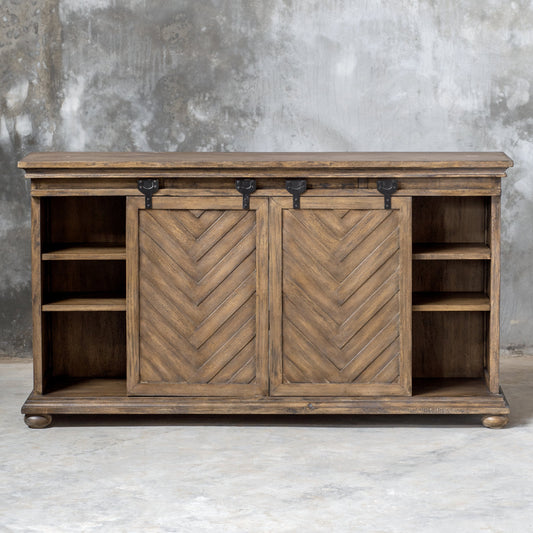 Primalia Barn Door Media Console by Uttermost. Made from mdf carb phase 2 with javawood, mdf in a rustic style.