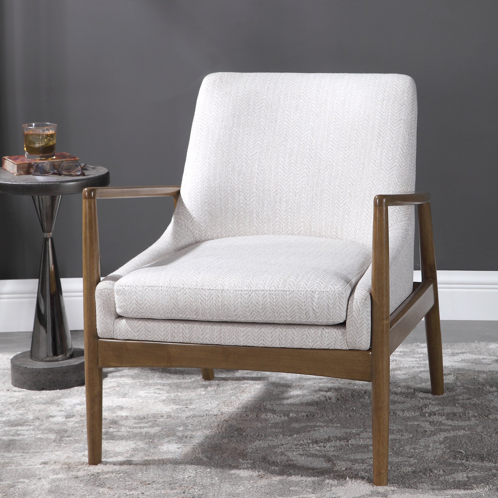 Bev Accent Chair by Uttermost in white. Made from rubber wood, bent wood, foam, fabric in a modern style.