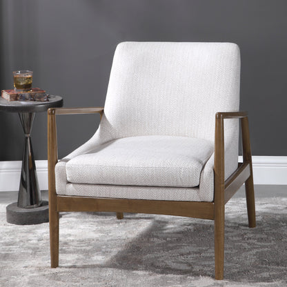 Bev Accent Chair by Uttermost in white. Made from rubber wood, bent wood, foam, fabric in a modern style.