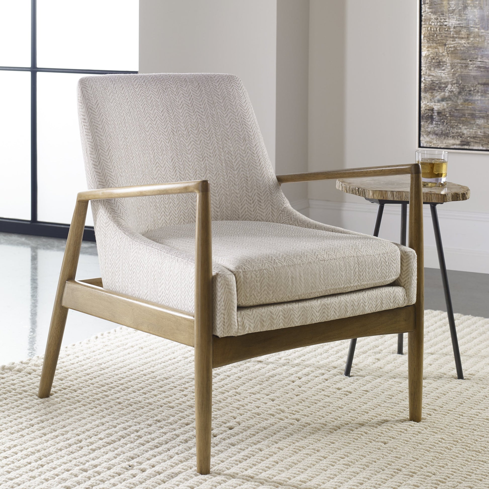 Bev Accent Chair by Uttermost in white. Made from rubber wood, bent wood, foam, fabric in a modern style.