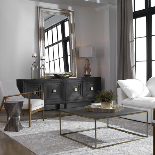 Trebon Modern Coffee Table by Uttermost. Made from stainless steel, faux shargreen with wrapped mdf in a modern style.
