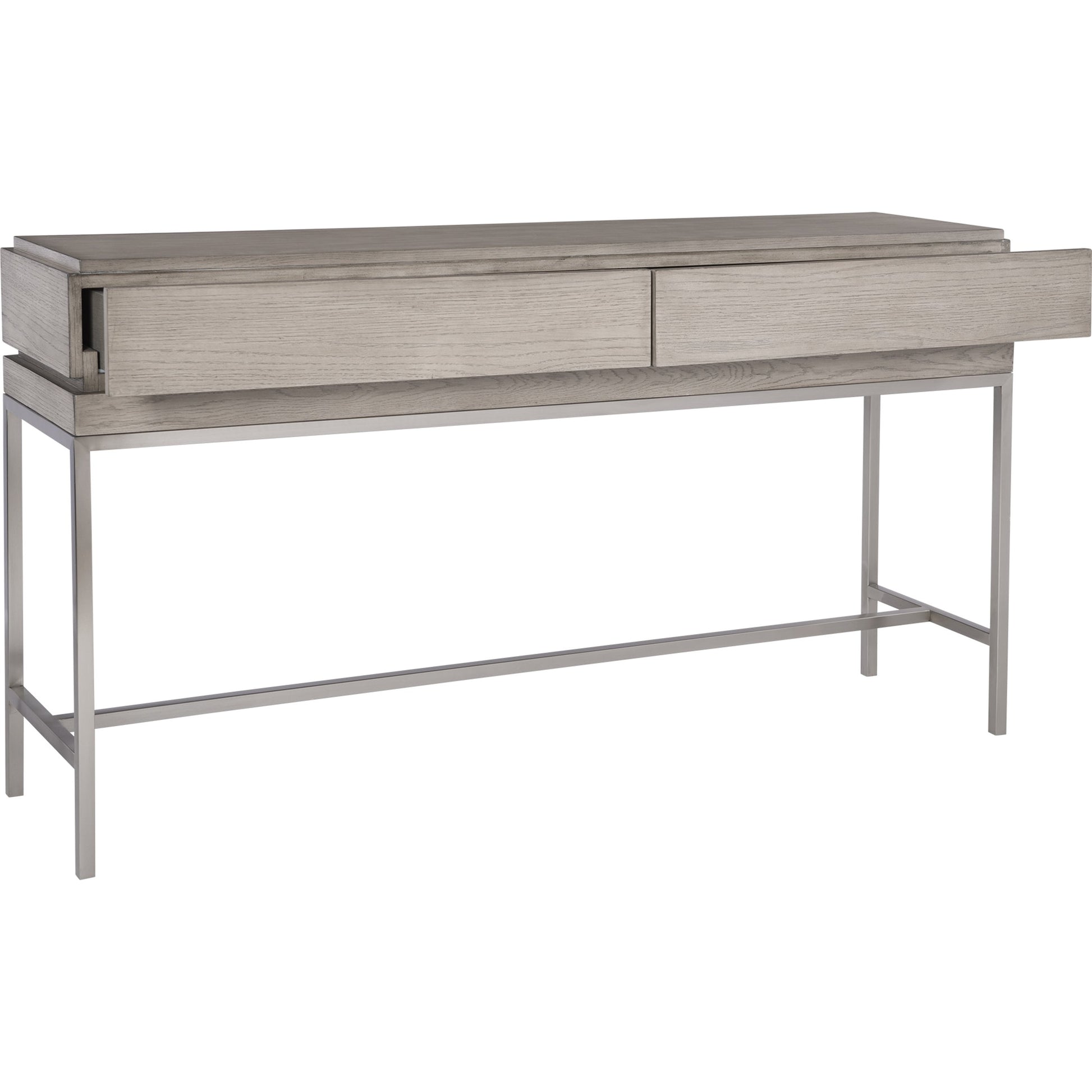 Kamala Console Table by Uttermost in gray. Made from stainless steel, mdf, oak veneer in a modern style.