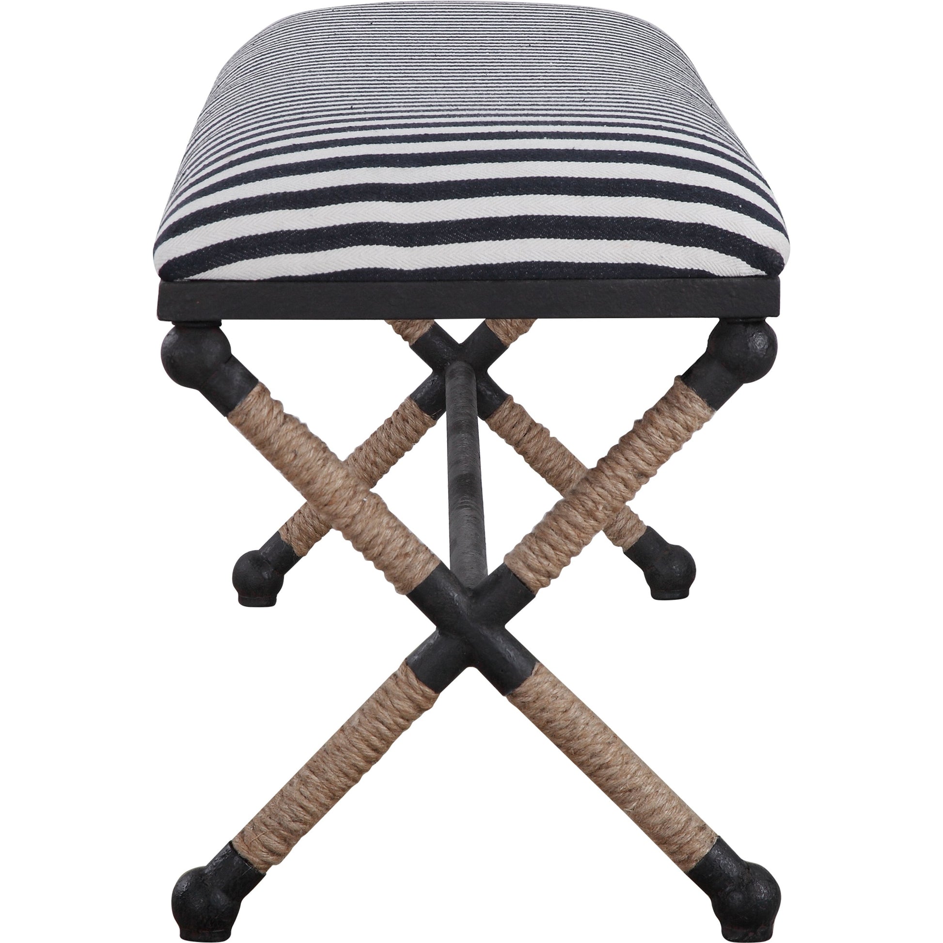 Braddock Bench by Uttermost in navy, cream. Made from iron, mdf, rope, foam, fabric in a coastal style.