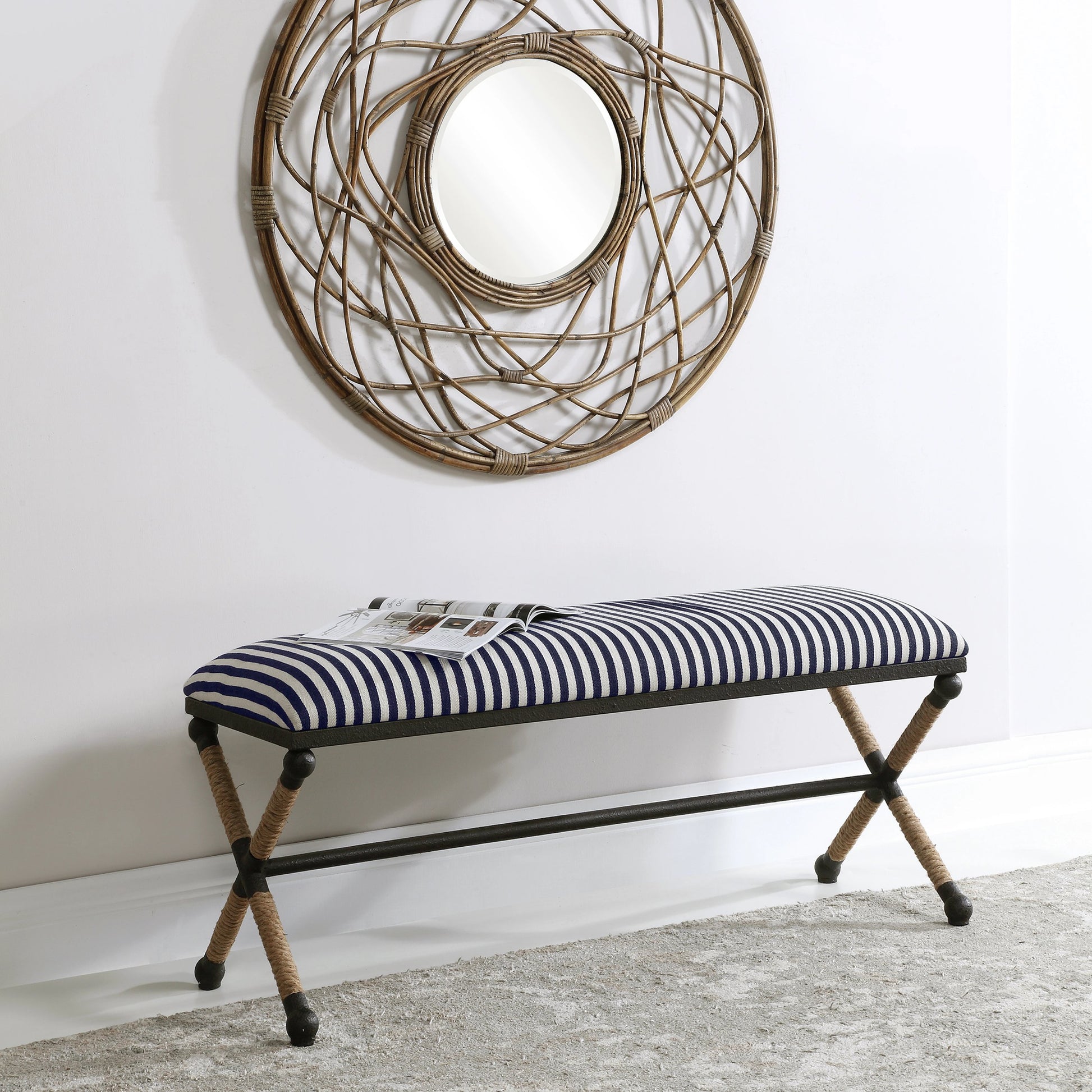 Braddock Bench by Uttermost in navy, cream. Made from iron, mdf, rope, foam, fabric in a coastal style.
