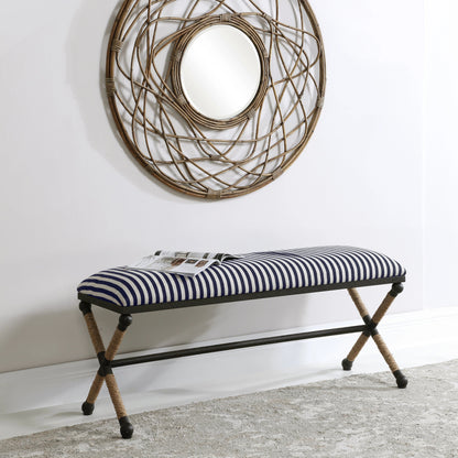Braddock Bench by Uttermost in navy, cream. Made from iron, mdf, rope, foam, fabric in a coastal style.