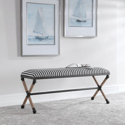 Braddock Bench by Uttermost in navy, cream. Made from iron, mdf, rope, foam, fabric in a coastal style.