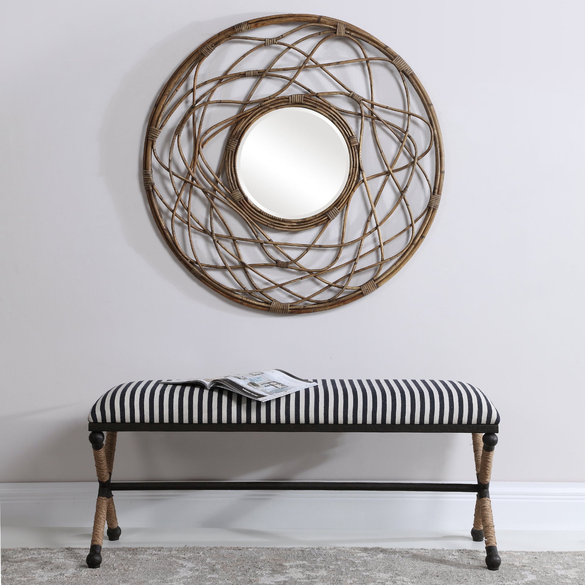 Braddock Bench by Uttermost in navy, cream. Made from iron, mdf, rope, foam, fabric in a coastal style.
