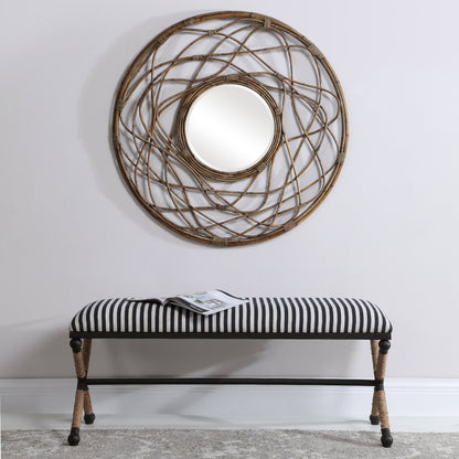 Braddock Bench by Uttermost in navy, cream. Made from iron, mdf, rope, foam, fabric in a coastal style.