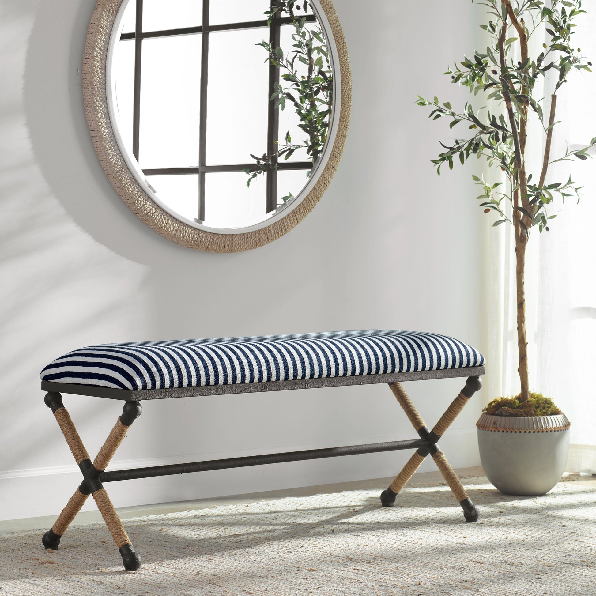 Braddock Bench by Uttermost in navy, cream. Made from iron, mdf, rope, foam, fabric in a coastal style.