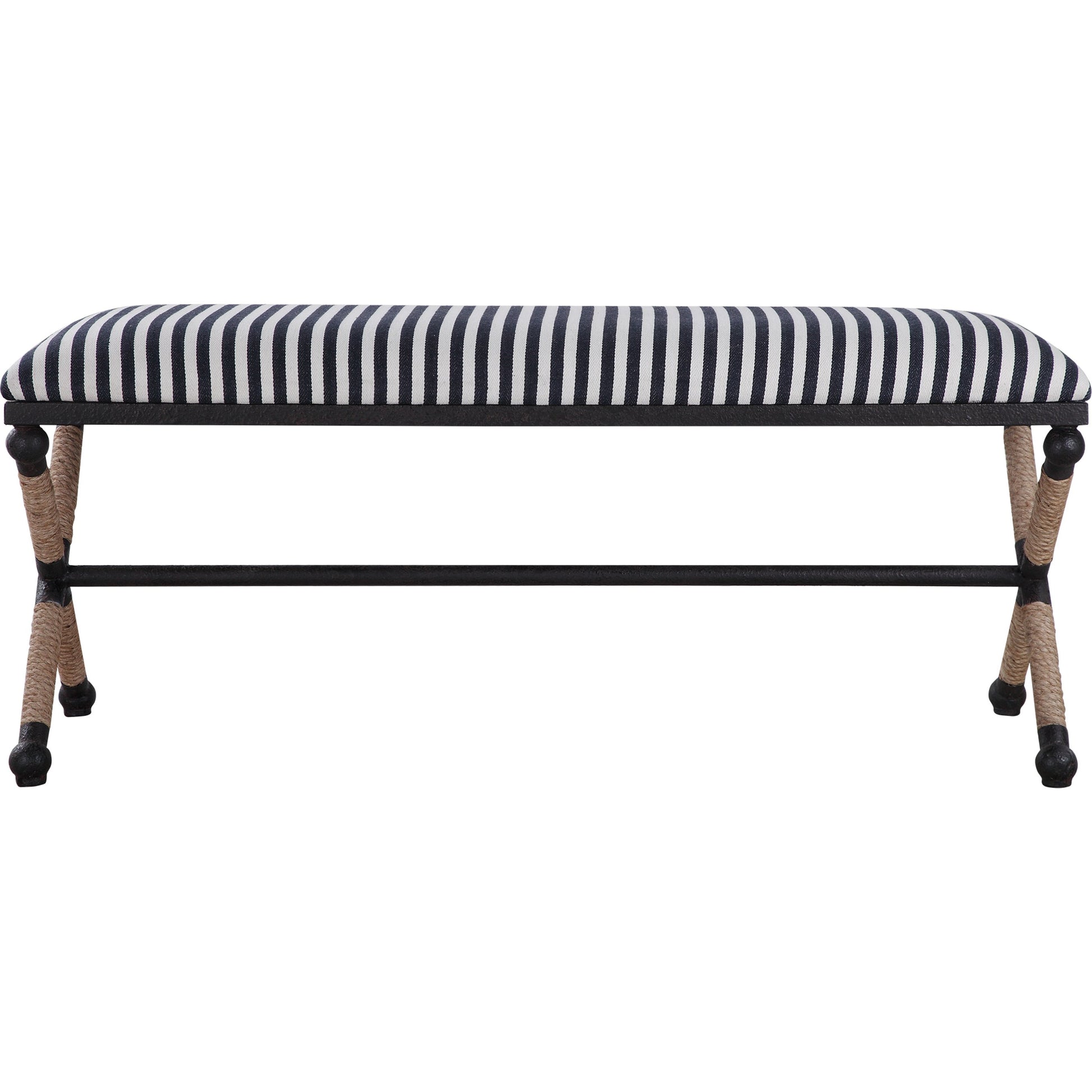Braddock Bench by Uttermost in navy, cream. Made from iron, mdf, rope, foam, fabric in a coastal style.