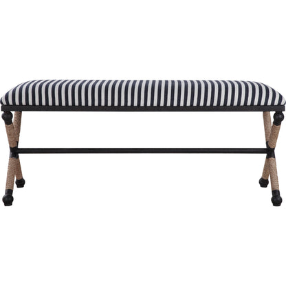 Braddock Bench by Uttermost in navy, cream. Made from iron, mdf, rope, foam, fabric in a coastal style.