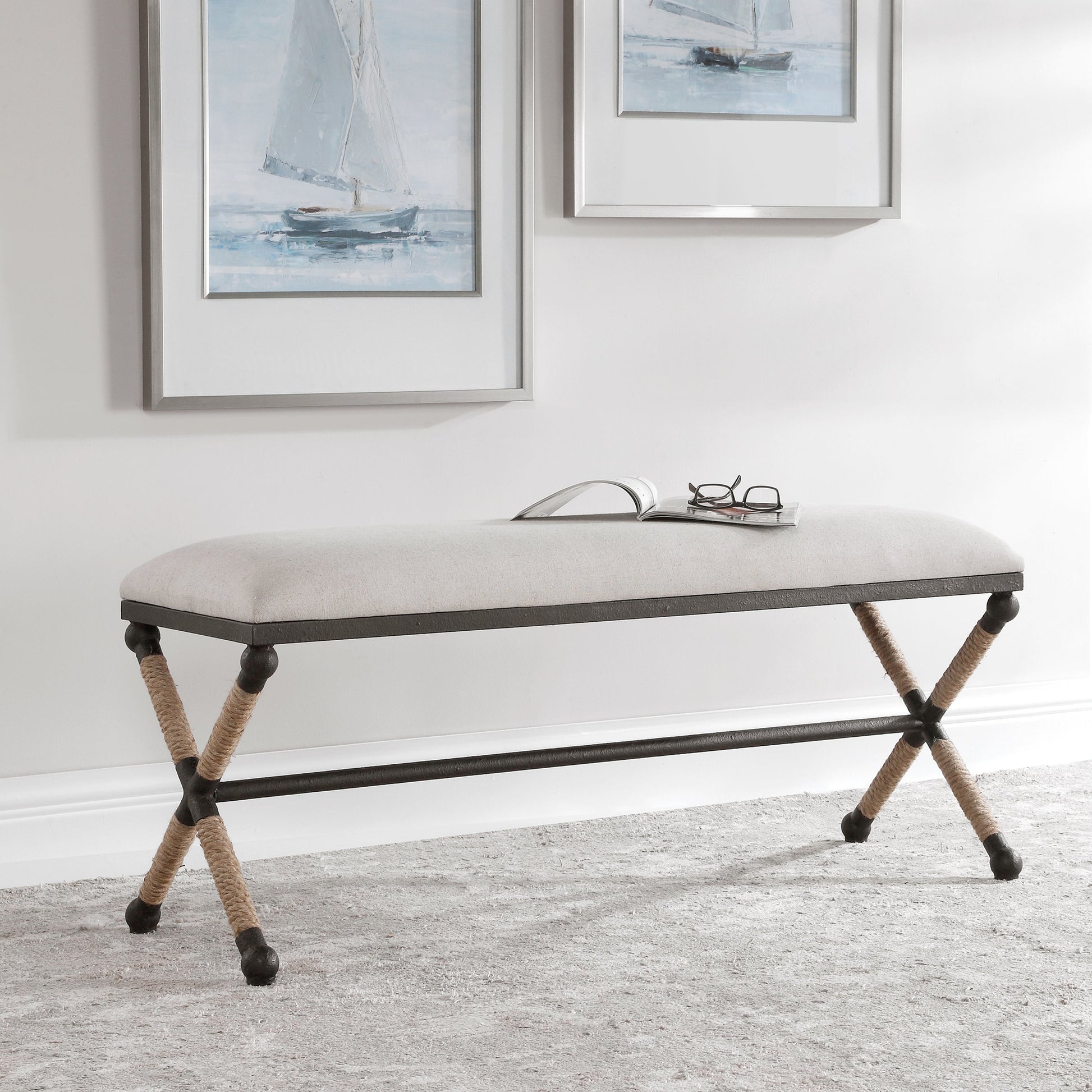 Firth Bench by Uttermost. Made from iron, mdf, rope, foam, fabric in a coastal style.