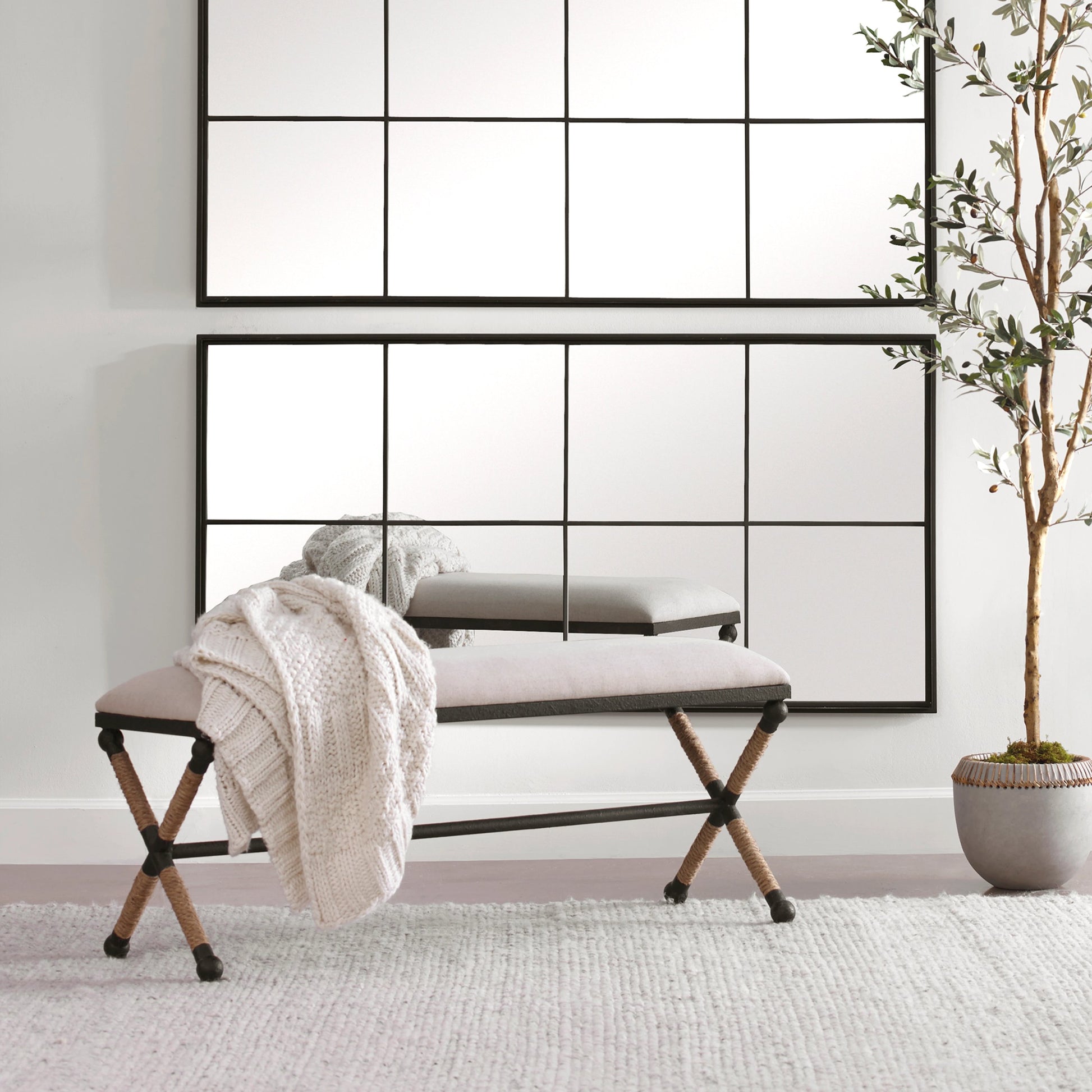 Firth Bench by Uttermost. Made from iron, mdf, rope, foam, fabric in a coastal style.