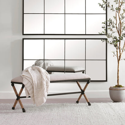 Firth Bench by Uttermost. Made from iron, mdf, rope, foam, fabric in a coastal style.