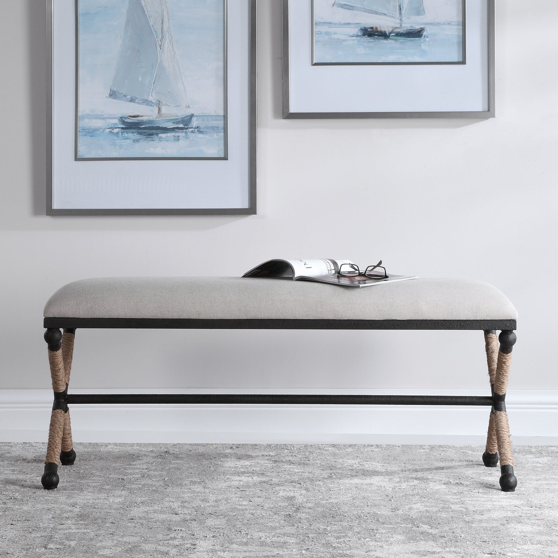 Firth Bench by Uttermost. Made from iron, mdf, rope, foam, fabric in a coastal style.