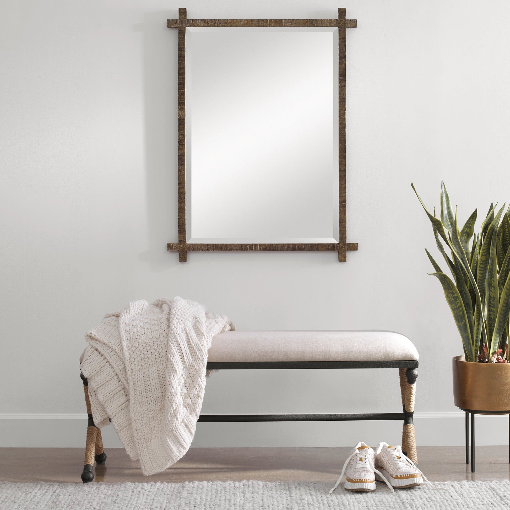 Firth Bench by Uttermost. Made from iron, mdf, rope, foam, fabric in a coastal style.
