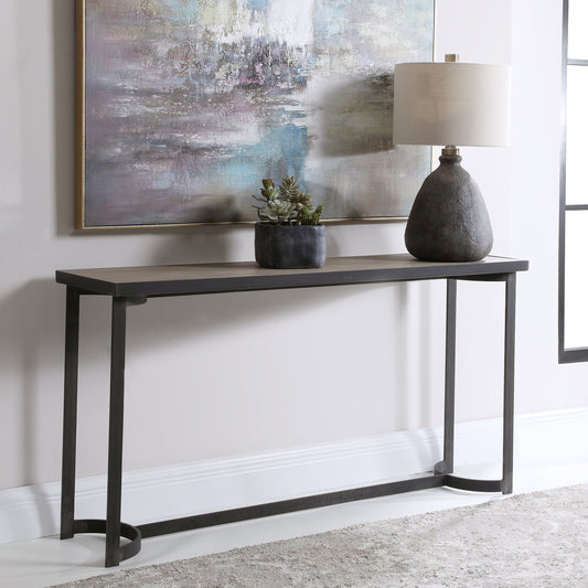 Basuto Steel Console Table by Uttermost. Made from iron, plywood, oak veneer in a modern style.