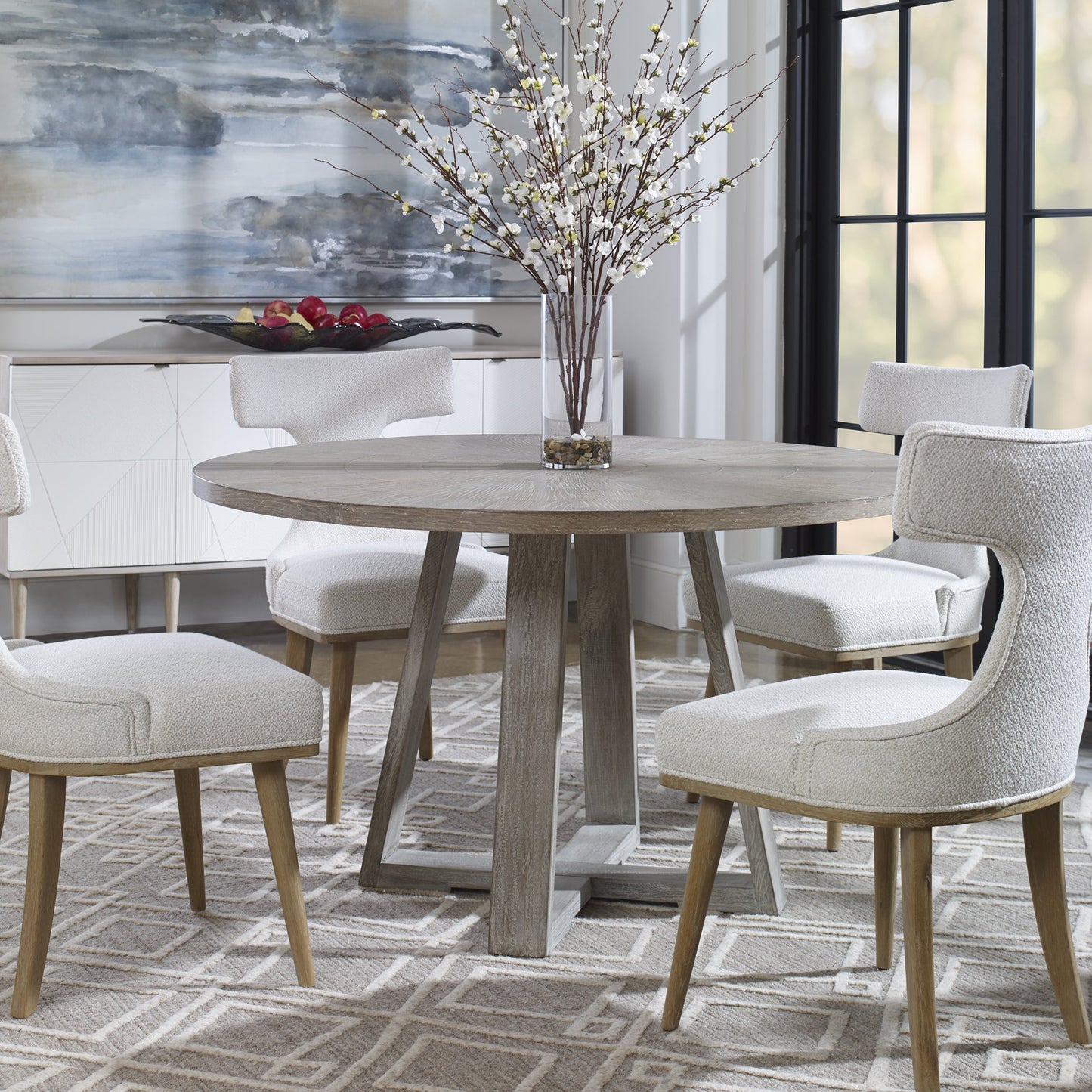 008 SR-766731 | Lifestyle | Gidran Dining Table by Uttermost in gray. Made from elm, oak, oak veneer, plywood, iron in a coastal style.