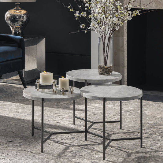 Contarini Tiered Coffee Table by Uttermost. Made from white venetian marble, iron in a modern style.