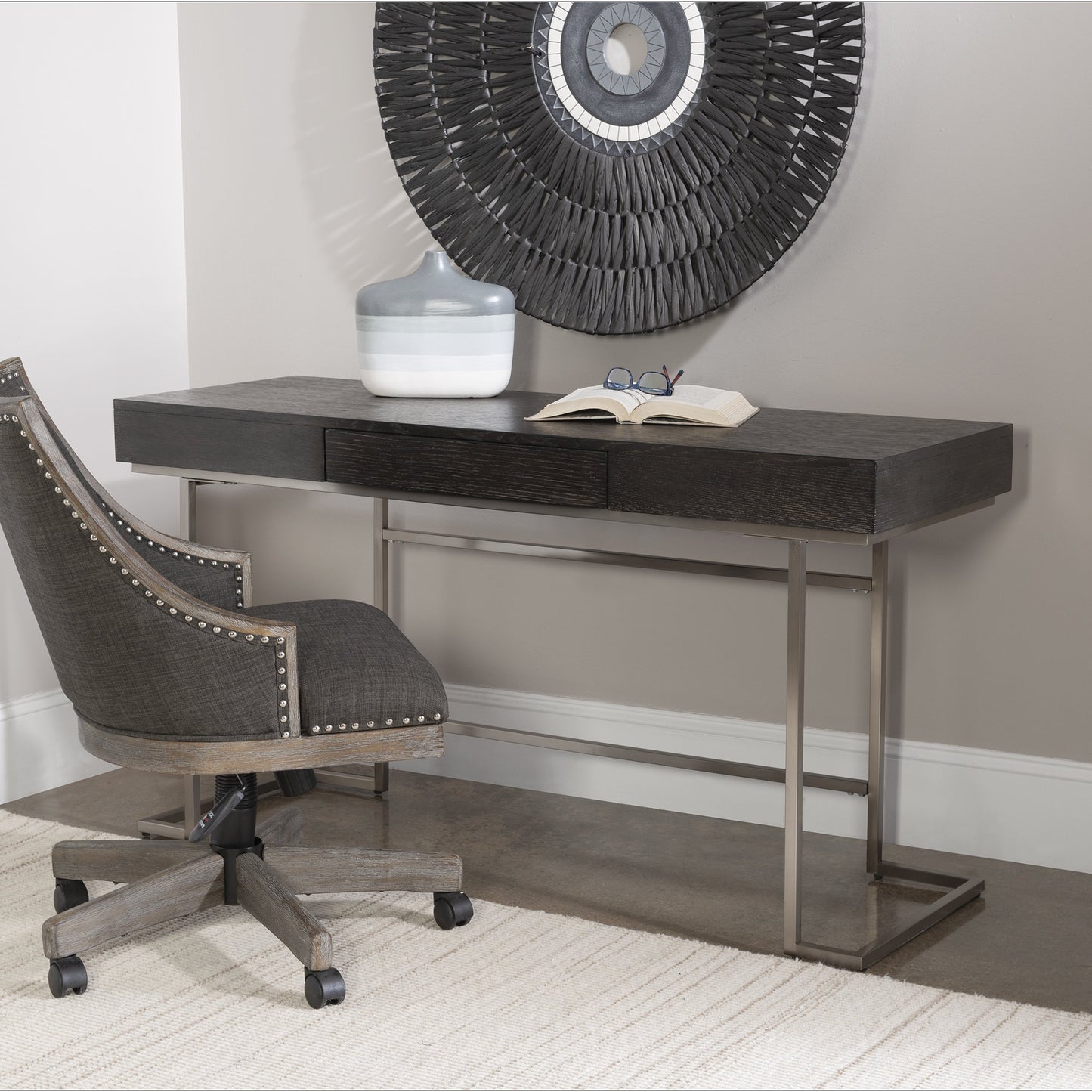 004 SR-766754 | Lifestyle | Claude Modern Oak Desk by Uttermost. Made from mdf, oak veneer, steel in a modern style.