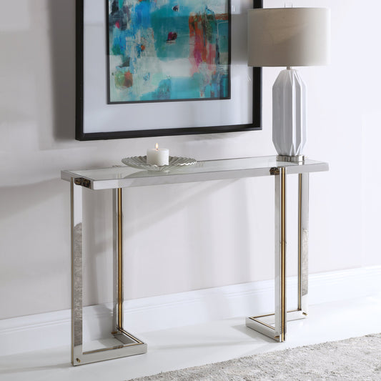 Locke Modern Console Table by Uttermost. Made from stainless steel, clear tempered glass in a modern style.