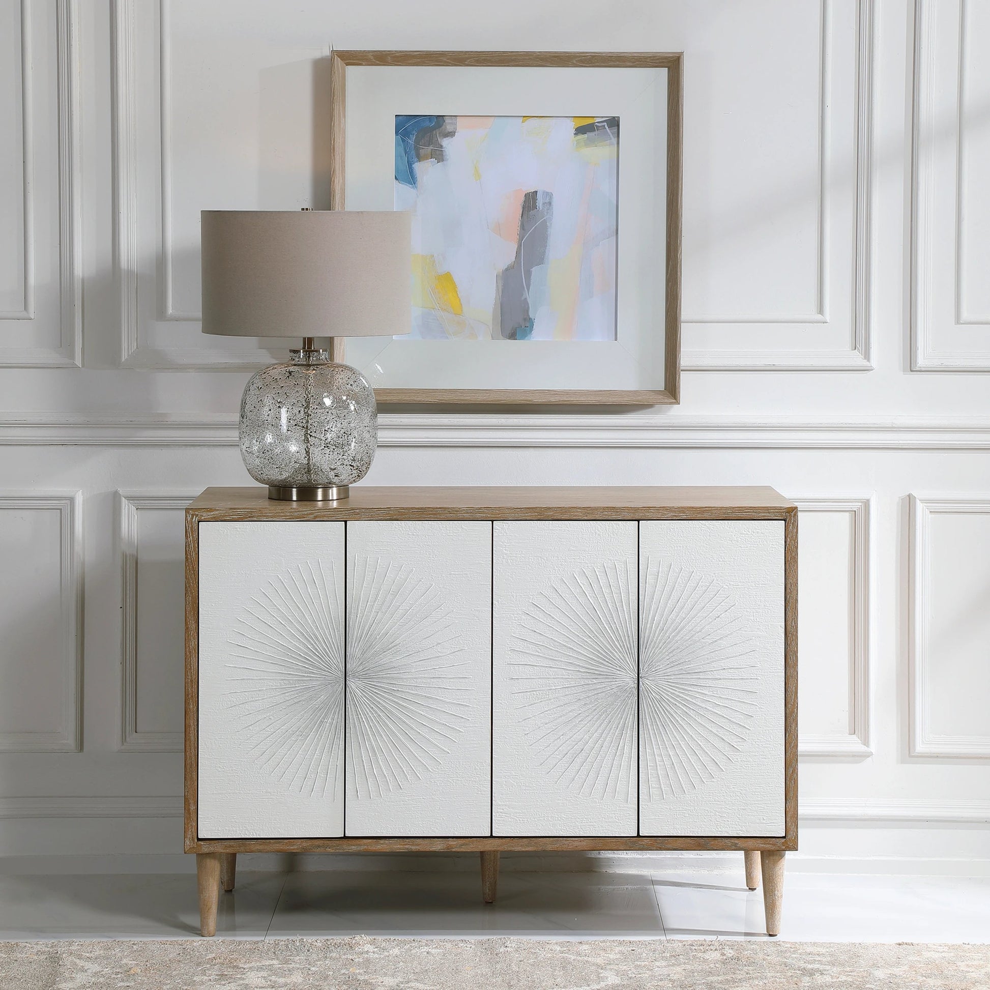 Dani Cabinet by Uttermost in white. Made from rubber wood, plywood, mdf, oak veneer in a modern style.