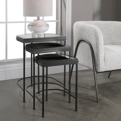 India Nesting Tables by Uttermost in antique brushed gold. Made from mirror 45%, iron 55% in a transitional style.