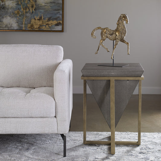 Bertrand Accent Table by Uttermost in aged gold. Made from iron, mdf, faux leather in a eclectic & global style.