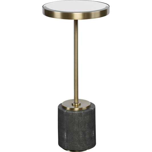 Laurier Accent Table by Uttermost in brass. Made from 50% iron, 15% glass, 10% faux ful, 25% pine wood in a transitional style.