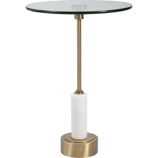 Portsmouth Accent Table by Uttermost in brushed brass. Made from iron, marble, glass in a modern style.
