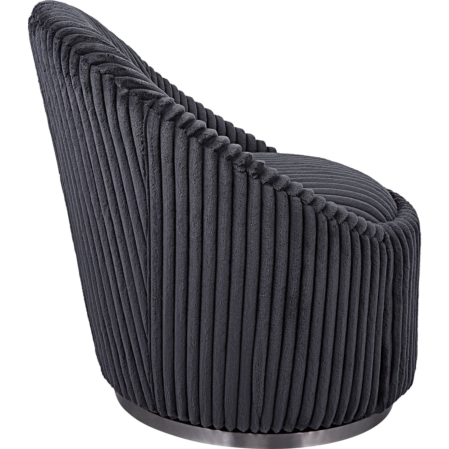 004 SI-1750257 | Closeup | Crue Swivel Chair by Uttermost. Made from plywood, hardwood, fabric, foam, stainless steel in a modern style.