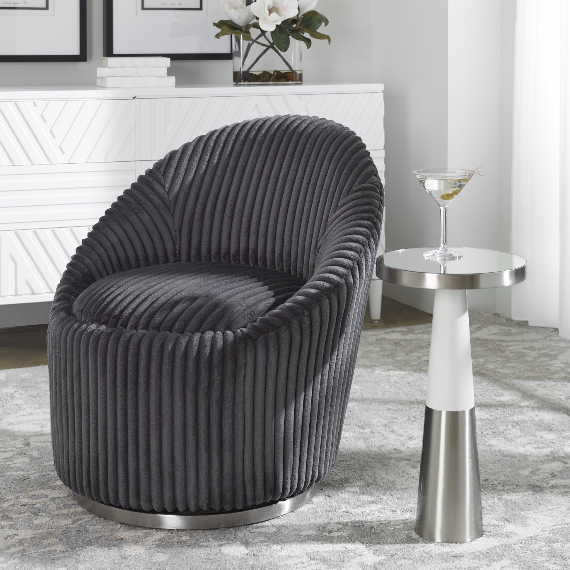 Fortier Accent Table by Uttermost in black. Made from 50% iron, 10% glass, 40% rubber wood in a eclectic & global style.