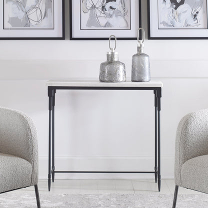 Bourges Console Table by Uttermost in white, satin black. Made from marble, iron in a transitional style.