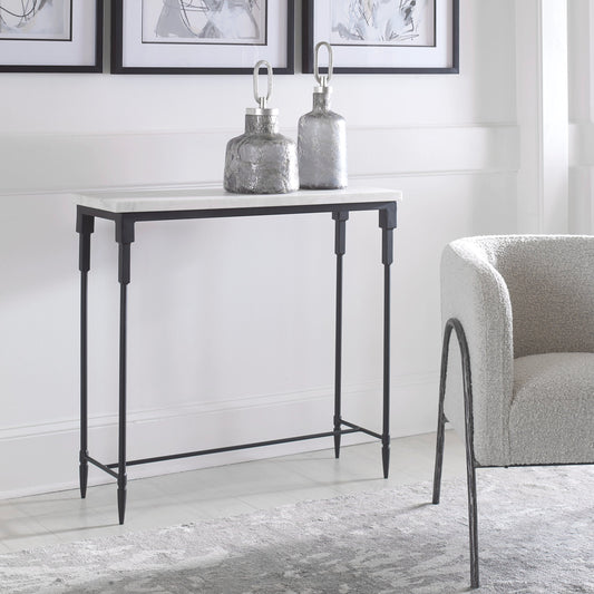 Bourges Console Table by Uttermost in white, satin black. Made from marble, iron in a transitional style.