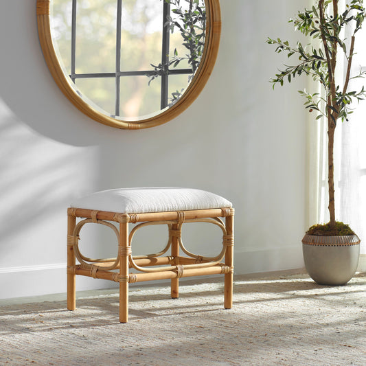 Laguna Small Bench by Uttermost in white. Made from pine wood, foam, fabric in a coastal style.