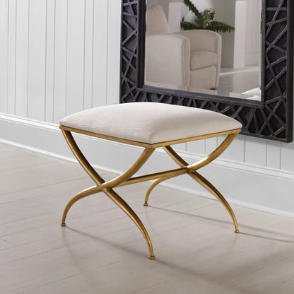 Crossing Bench by Uttermost in gold. Made from foam, fabric, iron, mdf in a transitional style.