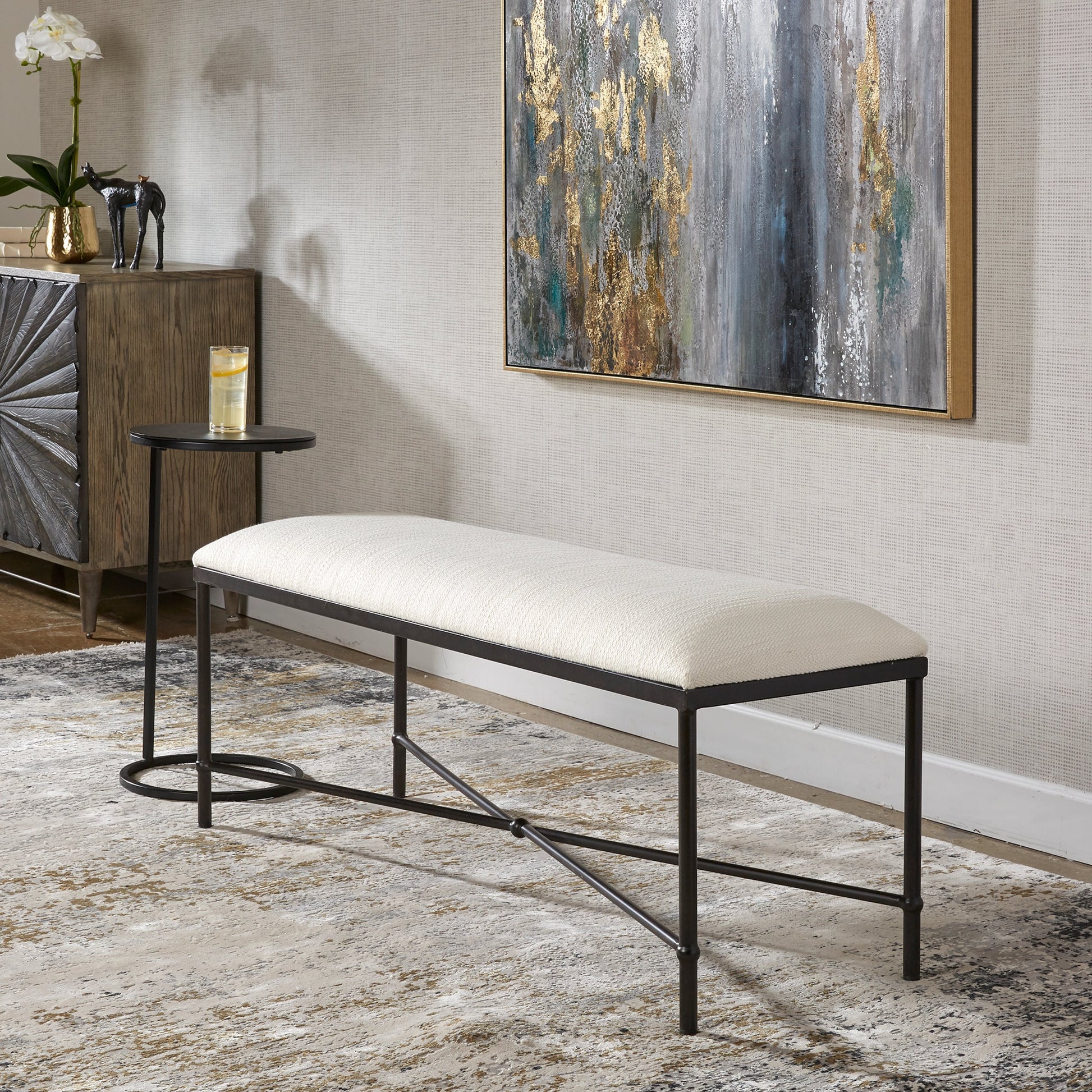 Avenham Bench by Uttermost in satin black. Made from foam, fabric, mdf, iron in a coastal style.