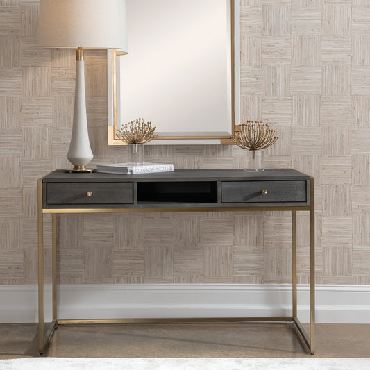 Taja Writing Desk by Uttermost in dark walnut, gray. Made from mdf, acacia veneer, stainless steel in a modern style.