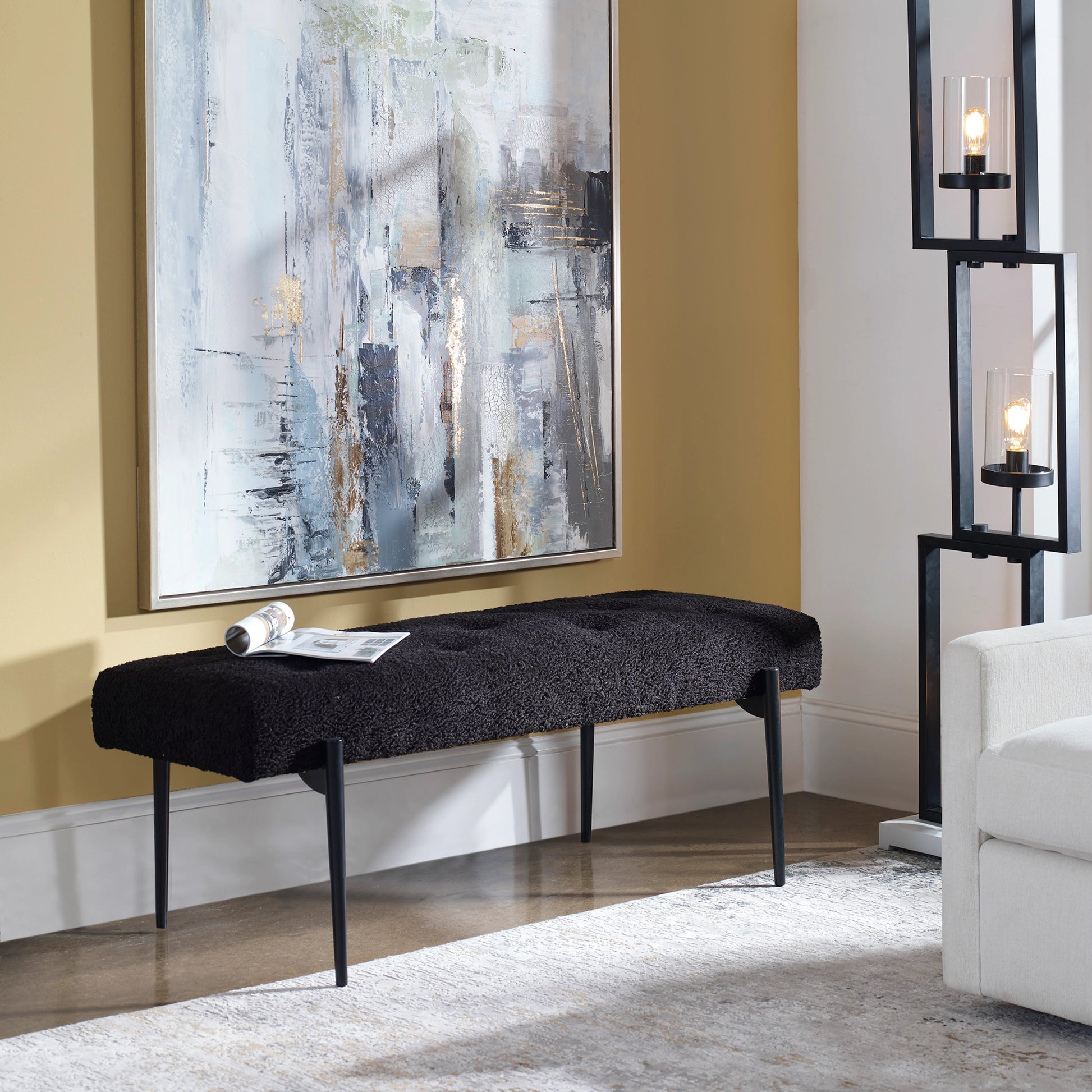 Olivier Bench by Uttermost. Made from stainless steel, fabric, plywood, foam in a modern style.