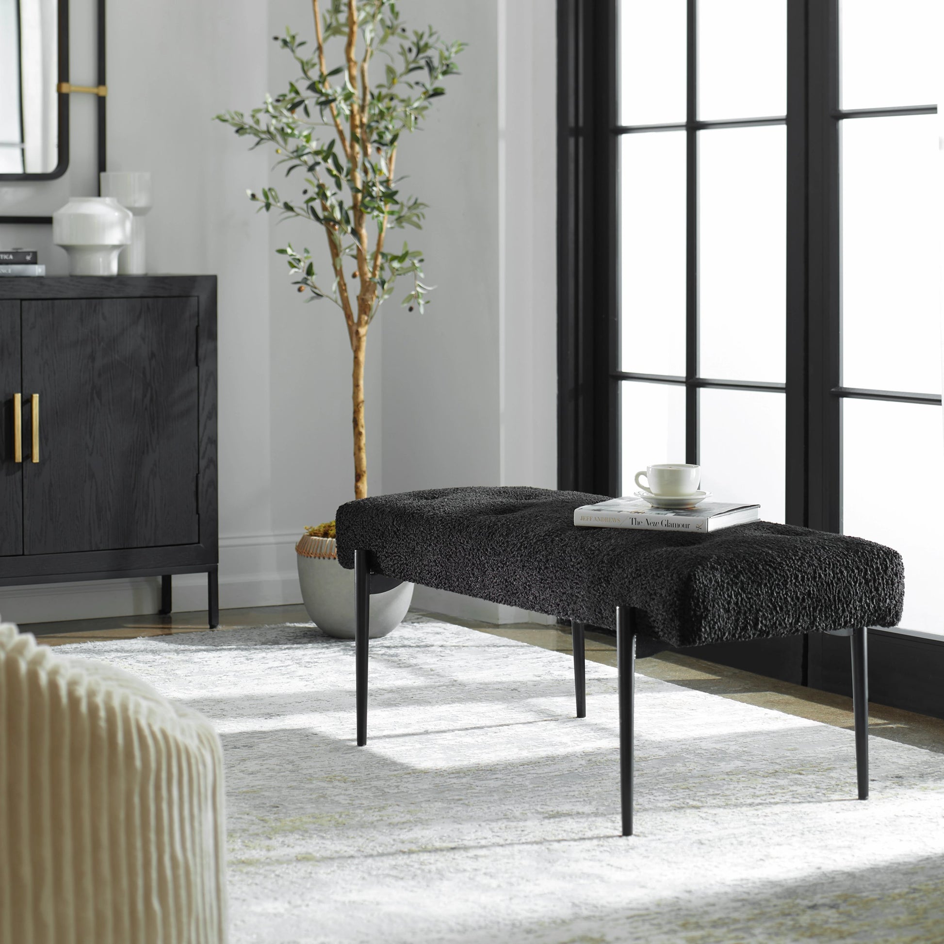 Olivier Bench by Uttermost. Made from stainless steel, fabric, plywood, foam in a modern style.