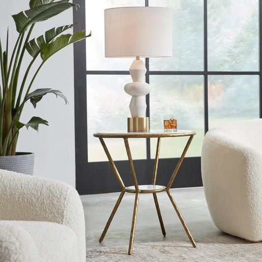 Refuge Side Table by Uttermost in antique gold. Made from marble, iron in a modern style.