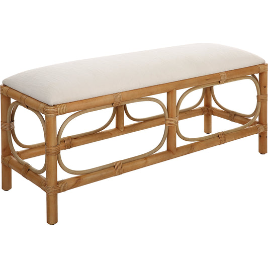 Laguna Bench by Uttermost in white. Made from mdf, pine, rattan, polyester, foam in a coastal style.