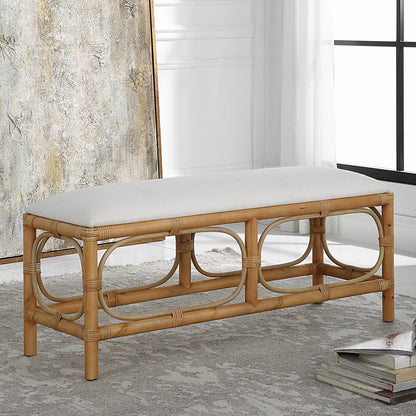 Laguna Bench by Uttermost in white. Made from mdf, pine, rattan, polyester, foam in a coastal style.