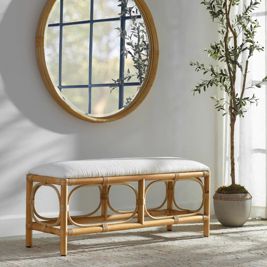 Laguna Bench by Uttermost in white. Made from mdf, pine, rattan, polyester, foam in a coastal style.