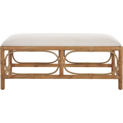 Laguna Bench by Uttermost in white. Made from mdf, pine, rattan, polyester, foam in a coastal style.