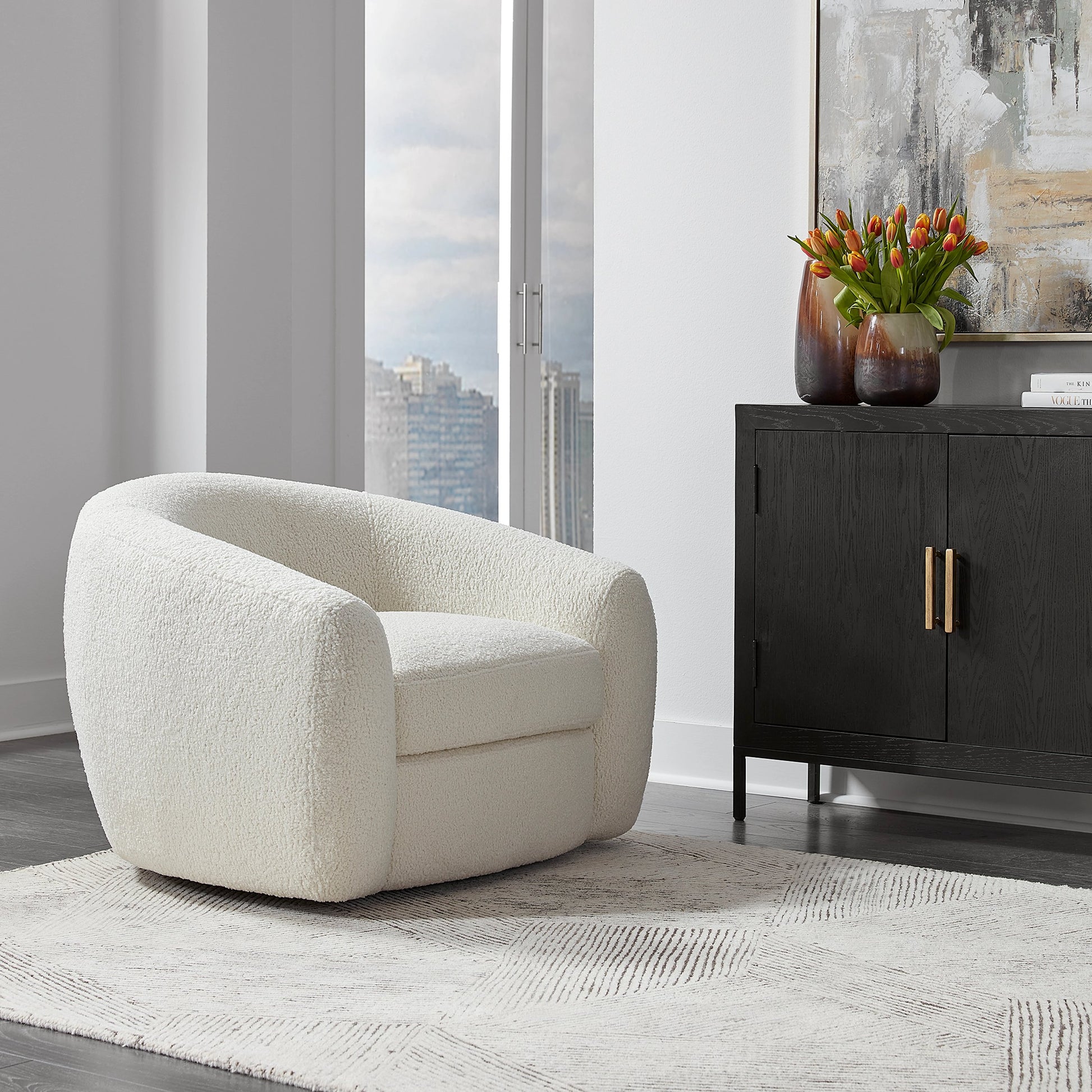 Capra Swivel Chair by Uttermost in multi. Made from fabric, foam, plywood, stainless steel in a modern style.