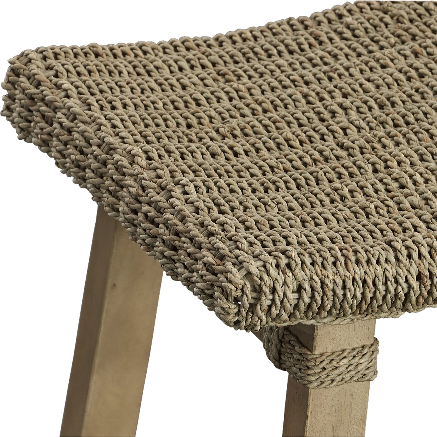 004 SI-2016429 | Closeup | Everglade Counter Stool by Uttermost. Made from wood with seagrass, rattan, strap in a cottage & farmhouse style.